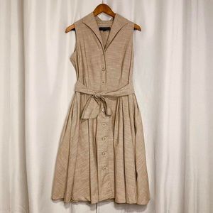 SHARAGANO tan belted flare button down retro vintage dress